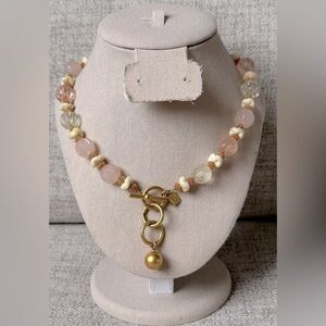 Rare Anne Klein beaded gold tone necklace acrylic light pink clear cream beads